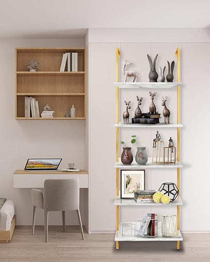 aboxoo Ladder Shelf White Marble Bookshelf 5-Tier Wall-Mounted Wood Rack Industrial Modern Plant Flower Stand Utility Organizer Open Bookcase Metal Frame Furniture Office Kitchen Bedroom - LeafyLoom