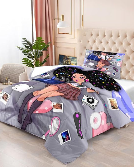 Black Girl Comforter Set - Twin Comforter Set for Girls - African American Comforter Sets for Girls Kids Comforter Sets for Girls Bedroom Decor 2 Piece Pretty Black Girl Bedding Set with 1 Pillowcase - LeafyLoom