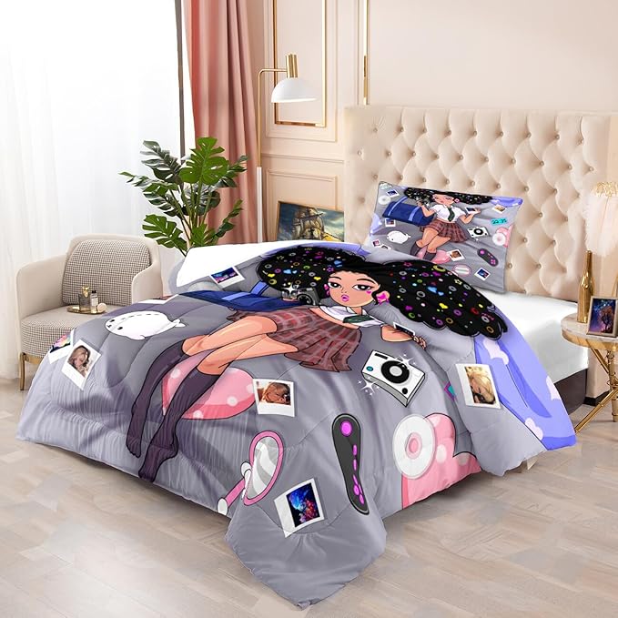Black Girl Comforter Set - Twin Comforter Set for Girls - African American Comforter Sets for Girls Kids Comforter Sets for Girls Bedroom Decor 2 Piece Pretty Black Girl Bedding Set with 1 Pillowcase - LeafyLoom