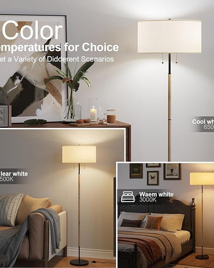 2-Light Floor Lamp, Mid Century Floor Lamp with White Fabric Shade, Standing Lamp Tall Lamp for Living Room Bedroom, 3 Color Temperatures 9W Bulb Include - LeafyLoom