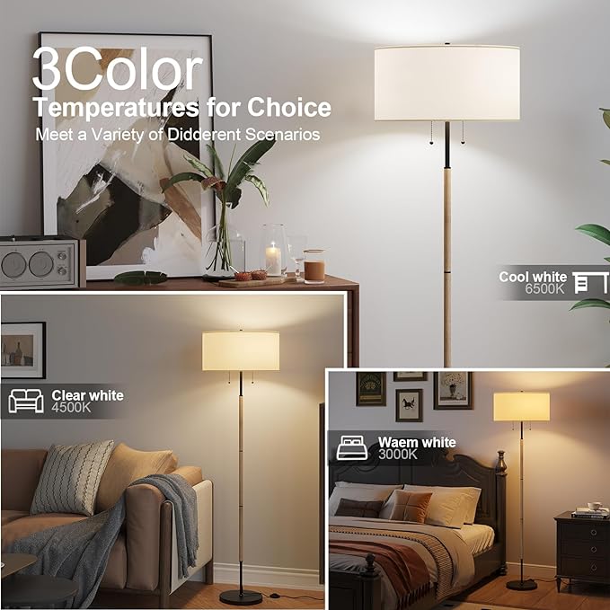 2-Light Floor Lamp, Mid Century Floor Lamp with White Fabric Shade, Standing Lamp Tall Lamp for Living Room Bedroom, 3 Color Temperatures 9W Bulb Include - LeafyLoom