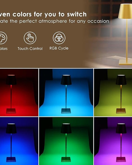 2-Pack LED Cordless Table Lamp with RGB & Stepless Dimming, 3W 5500mAh Rechargeable Table Lamps Battery Operated Table Light Stepless Dimmable Portable Table Lamp for Table/Bedroom/Outdoor (Gold) - LeafyLoom
