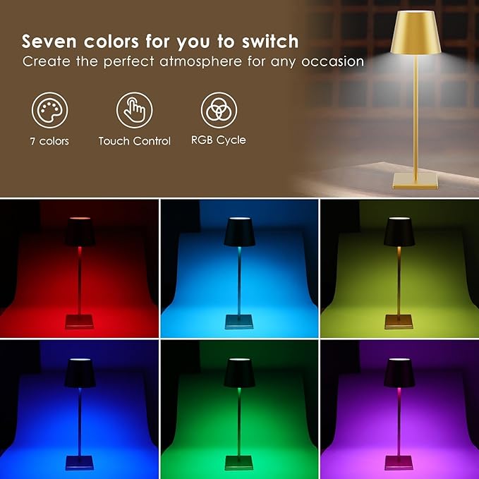 2-Pack LED Cordless Table Lamp with RGB & Stepless Dimming, 3W 5500mAh Rechargeable Table Lamps Battery Operated Table Light Stepless Dimmable Portable Table Lamp for Table/Bedroom/Outdoor (Gold) - LeafyLoom