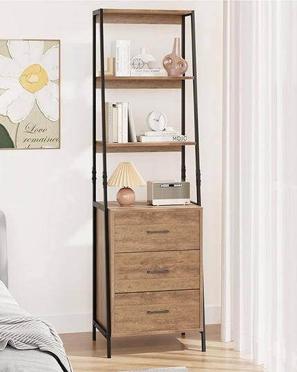 Industrial Bookshelf, Tall Bookcase with 3 Fabric Storage Drawers, Display Standing Shelf Unit for Living Room, Home Office, Vintage Brown - LeafyLoom