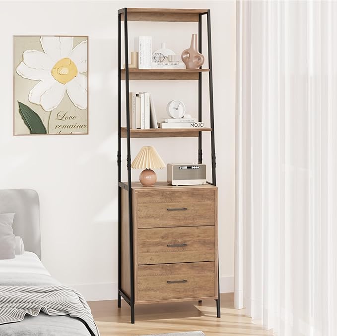 Industrial Bookshelf, Tall Bookcase with 3 Fabric Storage Drawers, Display Standing Shelf Unit for Living Room, Home Office, Vintage Brown - LeafyLoom