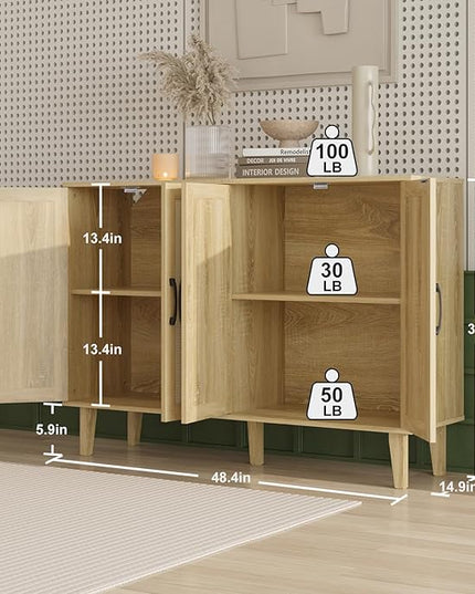 Storage Cabinet with Rattan Trim - 4 Door Sideboard Buffet Cabinet with Storage, Accent Cabinet with Shelves for Bathroom, Coffee Bar, Kitchen, Living Room, Hallway (natural wood) - LeafyLoom