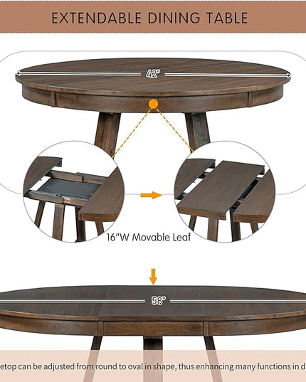 NicBex Small Dining Table Set for 4 Breakfast Nook Table Set 5-Piece Retro Functional Dining Set, Round Table with a 16" W Leaf and 4 Upholstered Chairs for Dining Room, Walnut - LeafyLoom