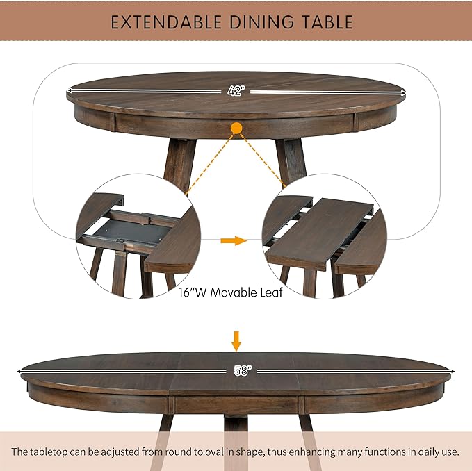 NicBex Small Dining Table Set for 4 Breakfast Nook Table Set 5-Piece Retro Functional Dining Set, Round Table with a 16" W Leaf and 4 Upholstered Chairs for Dining Room, Walnut - LeafyLoom