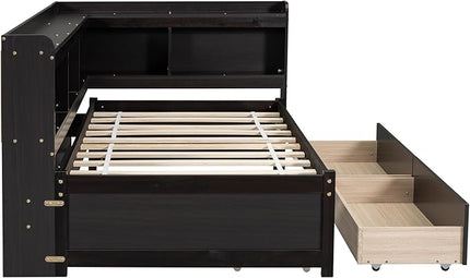 Twin Size Platform Bed with L-Shaped Bookcase and 2 Drawers, Wooden DayBed Bedframe with Storage Headboard for Bedroom Guest Room, Espresso - LeafyLoom