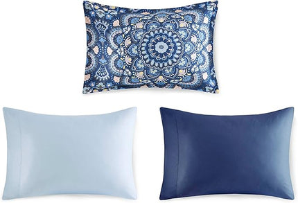 Comfort Spaces Girls Bed in A Bag Floral Comforter Set College Dorm Room Essentials, Complete Dormitory Bedroom Pack And Sheet with 2 Side Pocket Includes Extra Pillowcase Sets, Twin, Medallion Blue - LeafyLoom