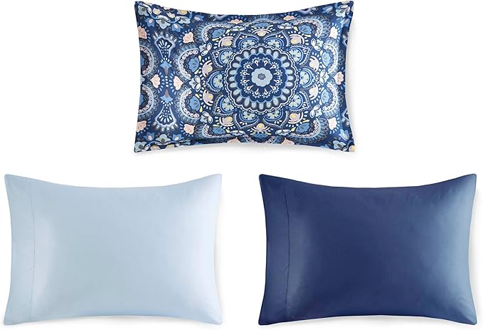 Comfort Spaces Girls Bed in A Bag Floral Comforter Set College Dorm Room Essentials, Complete Dormitory Bedroom Pack And Sheet with 2 Side Pocket Includes Extra Pillowcase Sets, Twin, Medallion Blue - LeafyLoom