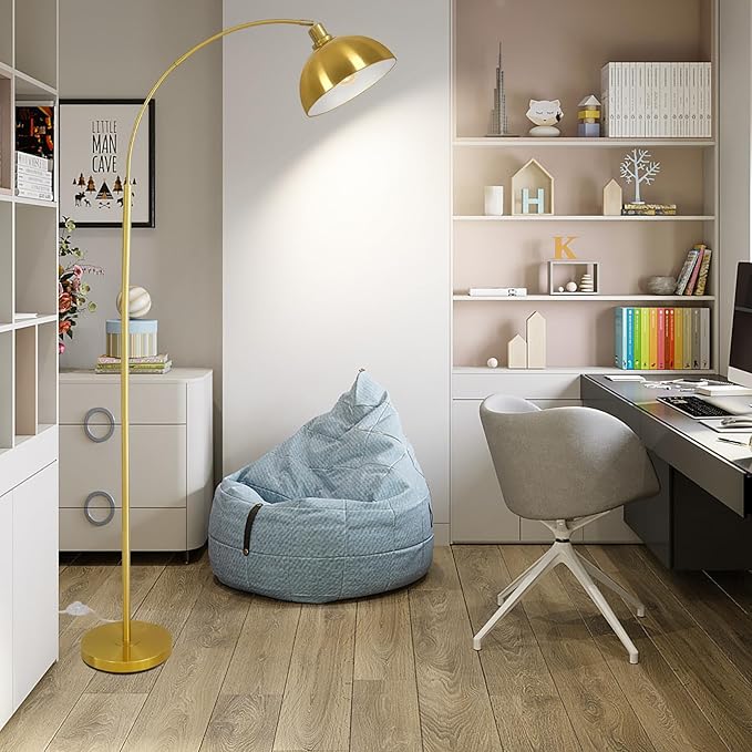 Arc Floor Lamps for Living Room,Modern Tall Standing Lamp Gold Floor Lamp with Adjustable Hanging Dome Shade,Over Couch Mid Century Arched Reading Lamp for Bedroom,Office - LeafyLoom
