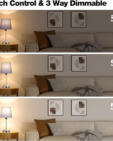 Table Lamps for Bedrooms Set of 2 Bedside - Nightstand Bedroom Lamp with USB C Port and AC Outlet Charging, Dimmable Touch Small End Side Lamp, Blue Night Stand Light for Kid/Guest Room/Living Room - LeafyLoom