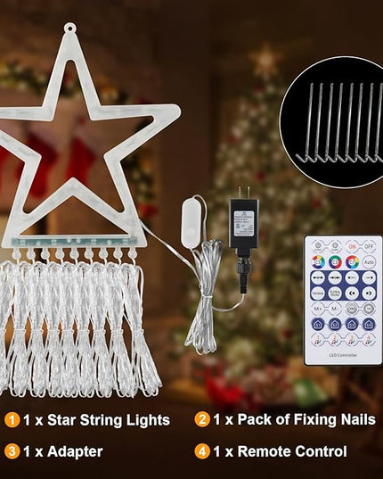 PUHONG Christmas Decoration Star Flowing Multicolor Color Changing Lights Outdoor, 320 LED 16.4Ft Star Waterfall Tree Lights with 8 Lighting Modes Remote Timer, for Xmas New Year Holiday Birthday PUHONG