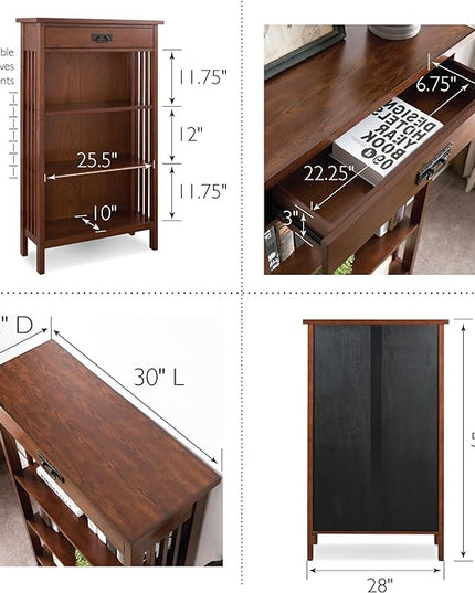 Leick Home 82262 Mission Mantel Height Bookcase with Slatted Sides and Top Drawer, Made with Wood & 8206 Mission Impeccable One Drawer Side Table with Shelf, Furniture, Medium Oak, Russet - LeafyLoom