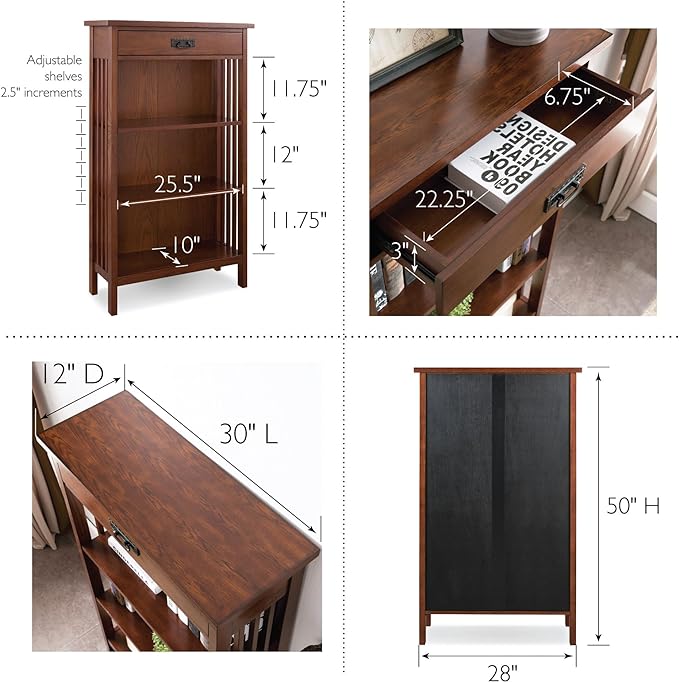 Leick Home 82262 Mission Mantel Height Bookcase with Slatted Sides and Top Drawer, Made with Wood & 8206 Mission Impeccable One Drawer Side Table with Shelf, Furniture, Medium Oak, Russet - LeafyLoom