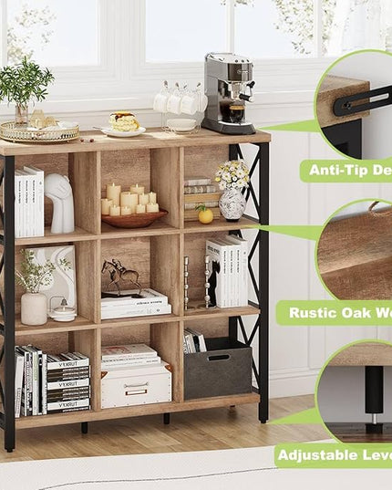FATORRI 9 Cube Storage Bookshelf, Industrial 4 Shelf Book Shelf, Farmhouse Wood and Metal Cubby Bookcase for Home Office (39.37" W, Rustic Oak) - LeafyLoom