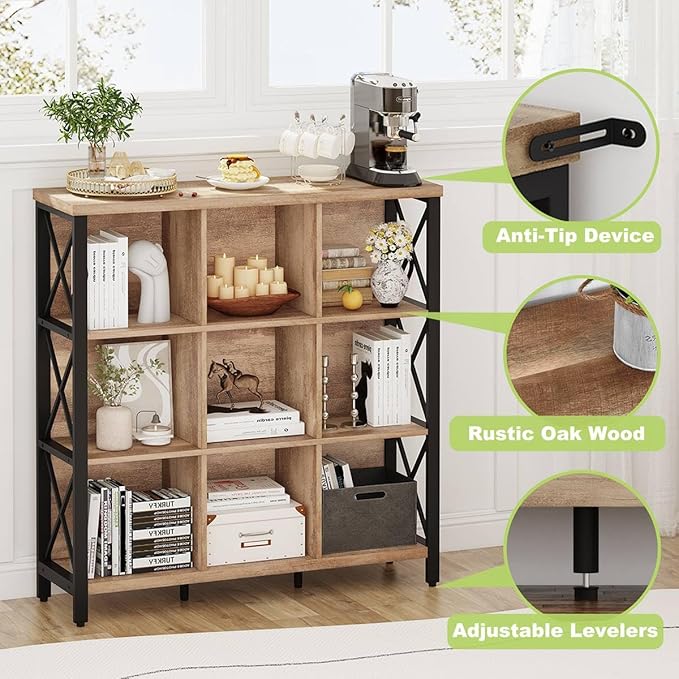 FATORRI 9 Cube Storage Bookshelf, Industrial 4 Shelf Book Shelf, Farmhouse Wood and Metal Cubby Bookcase for Home Office (39.37" W, Rustic Oak) - LeafyLoom