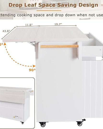 51.06 Inch Rolling Kitchen Cart with Trash Can Storage Cabinet & Drop Leaf, Portable Mobile Islands Table w/Adjustable Shelf, Spice, Towel Rack and Drawers, for Dining Room, White - LeafyLoom