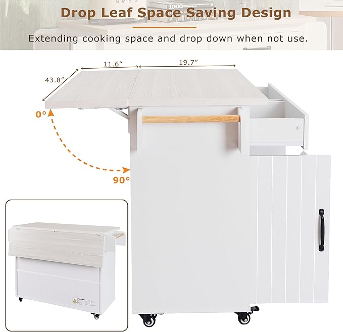 51.06 Inch Rolling Kitchen Cart with Trash Can Storage Cabinet & Drop Leaf, Portable Mobile Islands Table w/Adjustable Shelf, Spice, Towel Rack and Drawers, for Dining Room, White - LeafyLoom