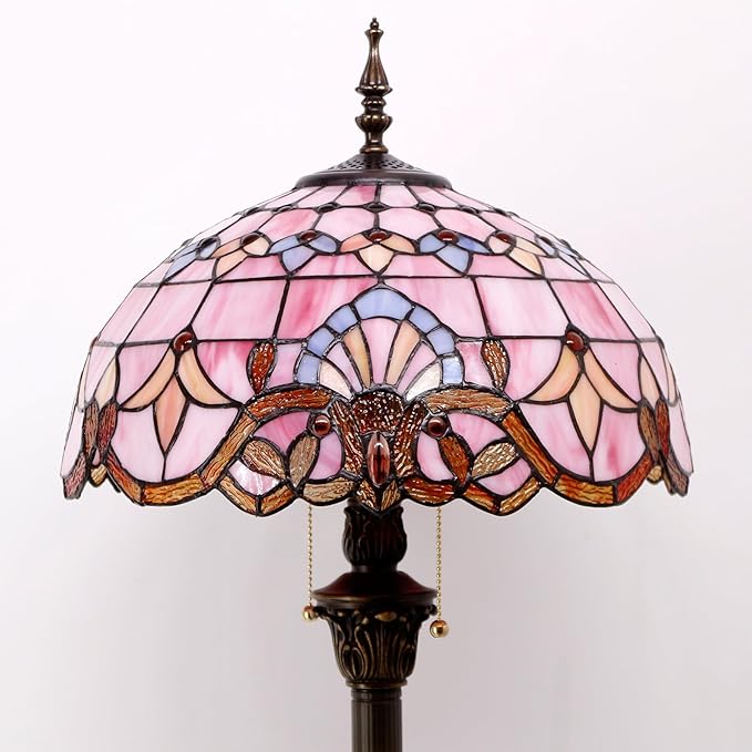 WERFACTORY Tiffany Floor Lamp Pink Baroque Stained Glass Standing Reading Light 16X16X64 Inches Antique Pole Corner Lamp Decor Bedroom Living Room Home Office S003P Series - LeafyLoom
