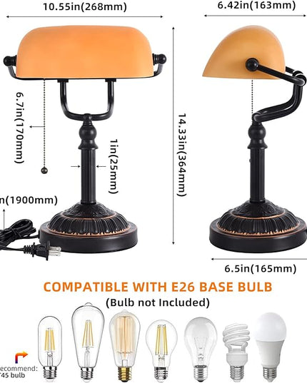 Rustic Desk Lamp Pull Chain, Traditional Bankers Desk Lamp with USB Port, Vintage Farmhouse Table Lamp for home office library - LeafyLoom