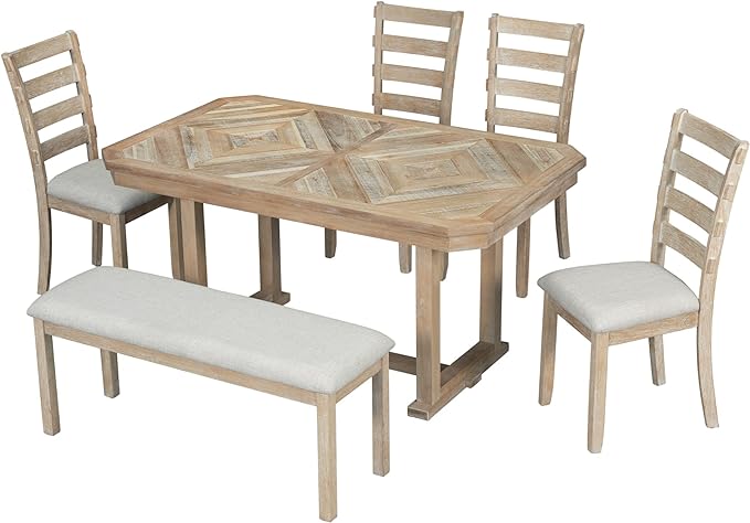 6-Piece Wooden Dining Table Set Pattern Tabletop and 4 Upholstered Chairs & Bench, 60" L x 36" W x 30.3" H, Natural(Beautiful Wood Grain) - LeafyLoom