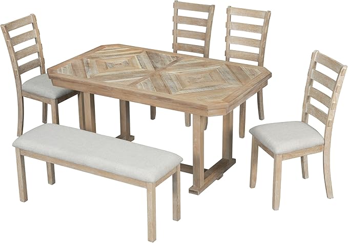 Kitchen Chair 6-Piece Rubber Dining Table Set with Beautiful Grain Pattern Tabletop Solid Veneer and Soft Cushion, Natural Wood Wash, Onesize - LeafyLoom