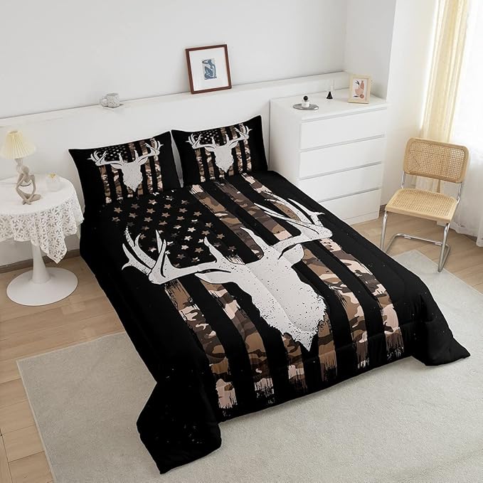 Erosebridal American Flag Comforter Set, Deer Hunting Bedding Twin Size for Kids Boys Teens Bedroom, Brown Military Camo Bedding Comforter Sets USA Federations Stars Duvet Insert with 1 Pillowcase - LeafyLoom