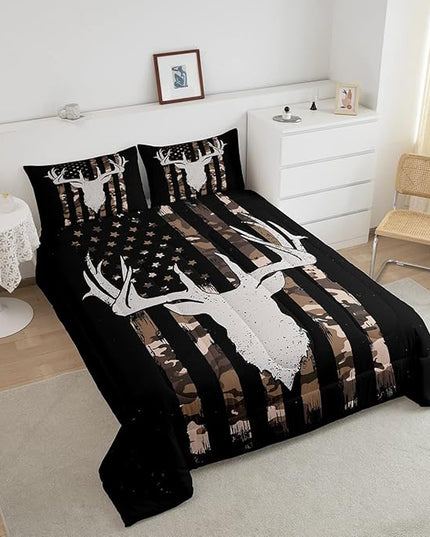 Camouflage American Flag Comforter Set, Hunting Antler Bedding Comforter Sets Brown Black Camo Striped Bedding King Size for Kids Boys Teens Adult Women, Rustic Woodland Animal Duvet Insert - LeafyLoom