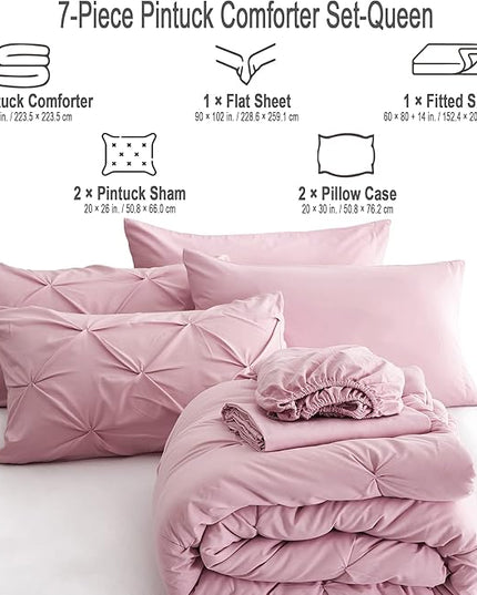 Ubauba 7pc Pink Queen Comforter Set, Pintuck Bed in a Bag Blush Bed Set with Comforters and Sheets 7 Piece, All Season Pinched Bedding Sets for Women (Pink,Queen Size) - LeafyLoom