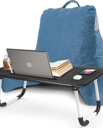 Clara Clark Reading Pillow with Portable Lap Desk for laptop Set, Back Pillow for Sitting Up in Bed, Memory Foam Back Support Pillow, Bed Rest Pillow with Foldable Laptop Desk, Standard - Blue Heaven - LeafyLoom