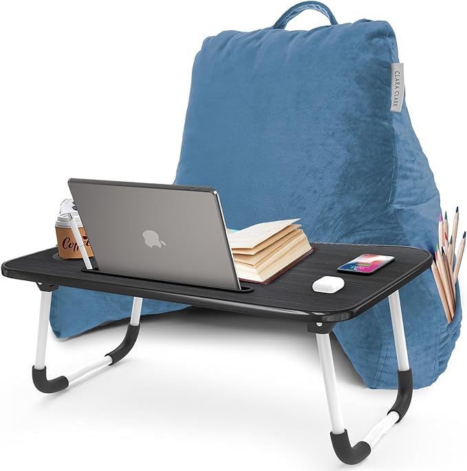 Clara Clark Reading Pillow with Portable Lap Desk for laptop Set, Back Pillow for Sitting Up in Bed, Memory Foam Back Support Pillow, Bed Rest Pillow with Foldable Laptop Desk, Standard - Blue Heaven - LeafyLoom