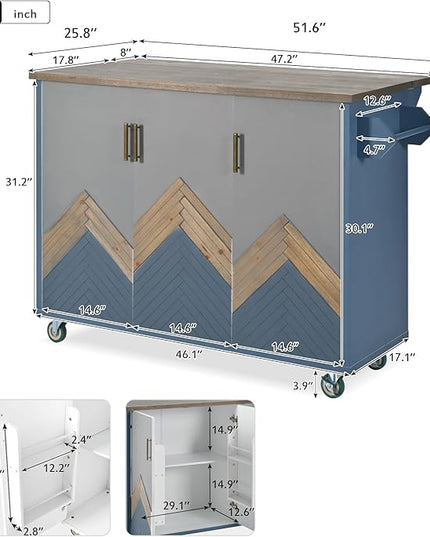 Retro Mountain Wood 47" D Rolling Island with Drop Leaf, Farmhouse Cart on Wheels with Internal Storage Towel Rack for Kitchen, Dining Room, Navy Blue, 51.57 Inch - LeafyLoom