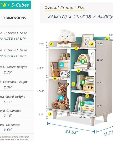 Wooden Cube Bookcase with Legs - 3-Tier Open Shelf Kidsroom Sorted Storage Cabinet Organizer for Books and Toys, 5-Cube Lattice Cute Cubby Bookshelf in White Mixed Westlake Blue, 24" W - LeafyLoom