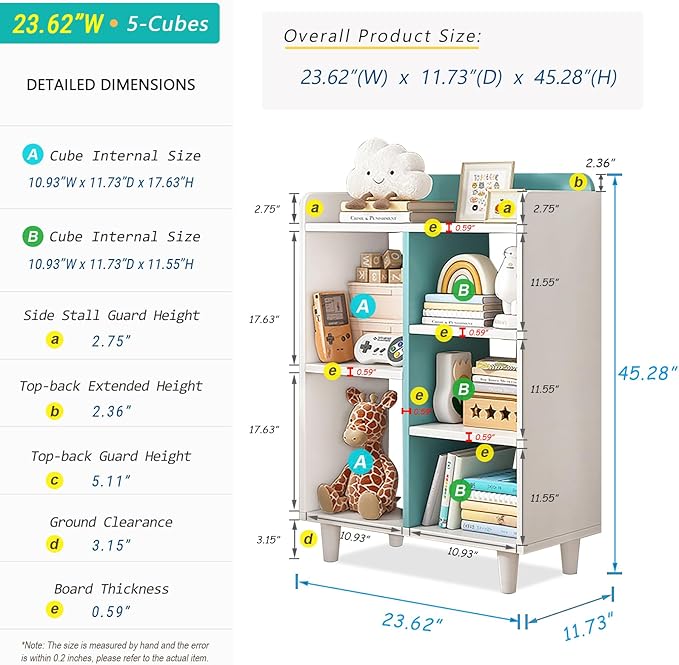 Wooden Cube Bookcase with Legs - 3-Tier Open Shelf Kidsroom Sorted Storage Cabinet Organizer for Books and Toys, 5-Cube Lattice Cute Cubby Bookshelf in White Mixed Westlake Blue, 24" W - LeafyLoom