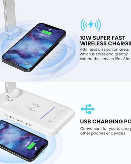 LED Desk Lamp with Night Light, Fast Wireless Charger, USB Charging Port, 10 Brightness, 5 Color Modes, Dimmable Bedside Table Lamp for Bedroom, Touch Control, Auto Timer, 1200Lux Super Bright - LeafyLoom