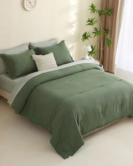 MILDLY King Size Comforter Set 7 Piece Color Clash, Olive Green Bed in a Bag, All Season Bedding Sets with 1 Comforter, 2 Pillow Shams, 2 Pillowcases, 1 Flat Sheet, 1 Fitted Sheet - LeafyLoom