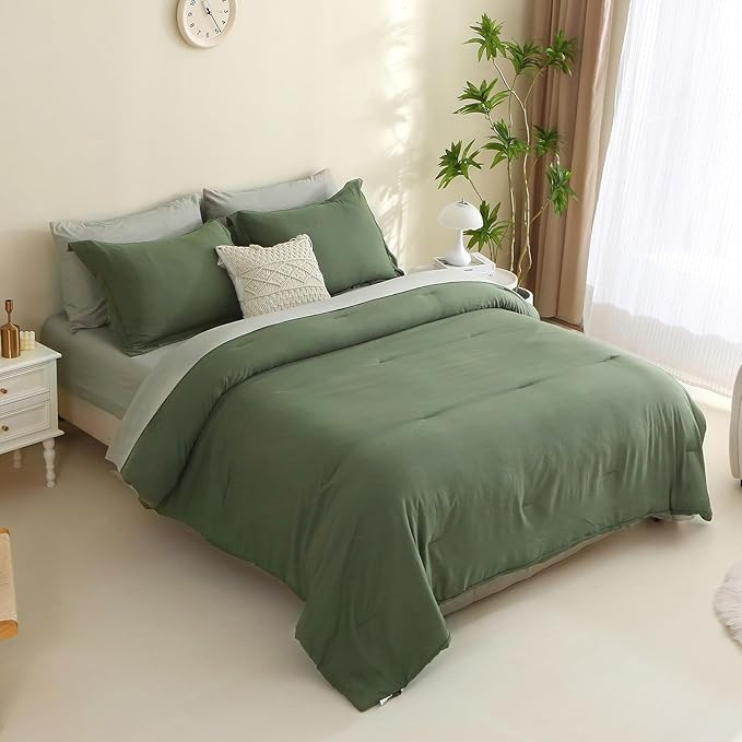 MILDLY King Size Comforter Set 7 Piece Color Clash, Olive Green Bed in a Bag, All Season Bedding Sets with 1 Comforter, 2 Pillow Shams, 2 Pillowcases, 1 Flat Sheet, 1 Fitted Sheet - LeafyLoom