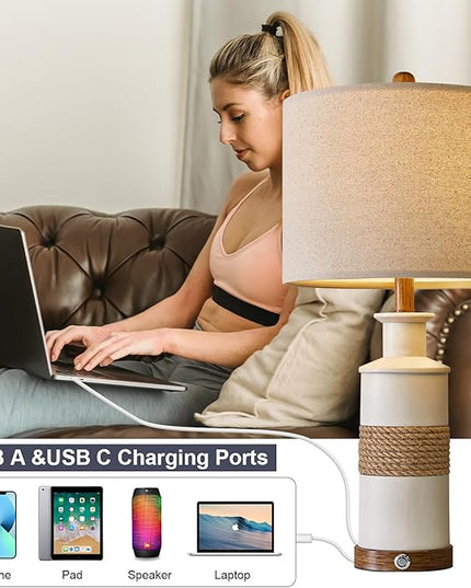 BOBOMOMO 24.5" USB A+C 3-Way Dimmable Touch Control Boho Table Lamp Set of 2 for Living Room Nightstand Beside Lamps for Bedroom(include two bulbs) - LeafyLoom