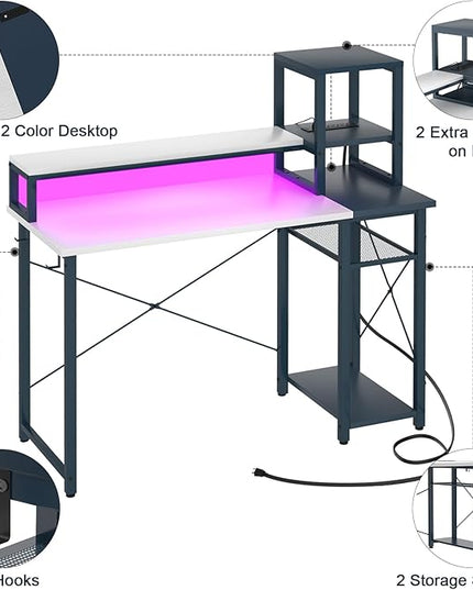 armocity 2024 Upgrade Gaming Desk with LED Lights, Small Computer Desk with Long Monitor Stand, 40'' Reversible Laptop Table with Shelves, Small Desk for Small Spaces, Gaming Room, White and Blue - LeafyLoom