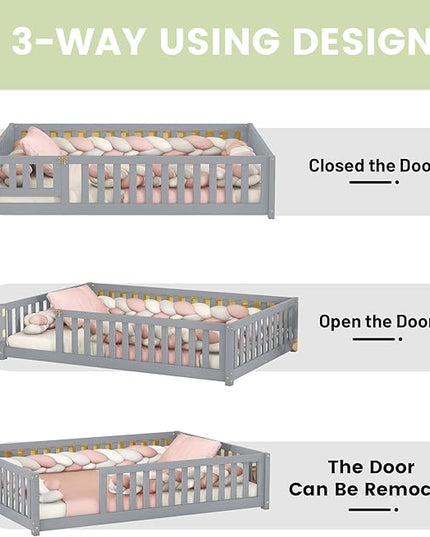 Multifunctional Full Size Floor Bed with Safety Guardrails and Door, Removable Wood Slats, Montessori Beds Frame for Toddlers, for Boys and Girls, Gray - LeafyLoom
