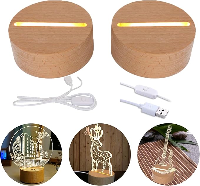 2Pcs 4" Round Wood LED Display Base, Warm Color Wooden Lighted Base Stand for Crystal Glass Resin Art, Acrylic and Plexiglass - LeafyLoom