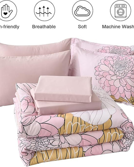 Pink Colorful Comforter Set King Size 7 Piece Floral Bed in a Bag Comforter for All Season Soft Microfiber Bedding Set for Teen Girls Women (103"×90") - LeafyLoom