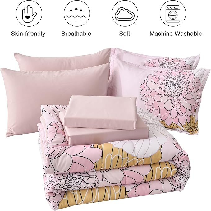 Pink Colorful Comforter Set King Size 7 Piece Floral Bed in a Bag Comforter for All Season Soft Microfiber Bedding Set for Teen Girls Women (103"×90") - LeafyLoom