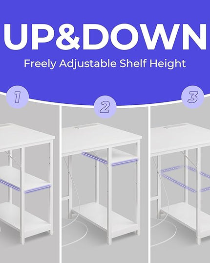 Computer Desk, 48 inches desk with 2 Shelves, Home Office Desk with USB/Type-C Charging Ports & Power Outlets, Study Table for Adults, White - LeafyLoom