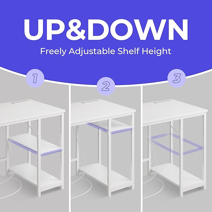 Small Computer Desk, 40 inches desk with 2 Shelves, Home Office Desk with USB/Type-C Charging Ports & Power Outlets, Study Table for Adults, White - LeafyLoom