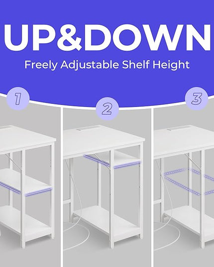 Computer Desk, 60 inches desk with 2 Shelves, Home Office Desk with USB/Type-C Charging Ports & Power Outlets, Study Table for Adults, White - LeafyLoom