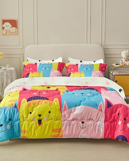 Wajade Kids Cute Cats Comforter Set Bed in A Bag Full Size 7 Piece Colorful Cartoon Pet Cats Bedding Set for Boys Girls (1 Comforter, 1 Flat Sheet, 1 Fitted Sheet, 2 Pillowcase and 2 Pillow Sham) - LeafyLoom