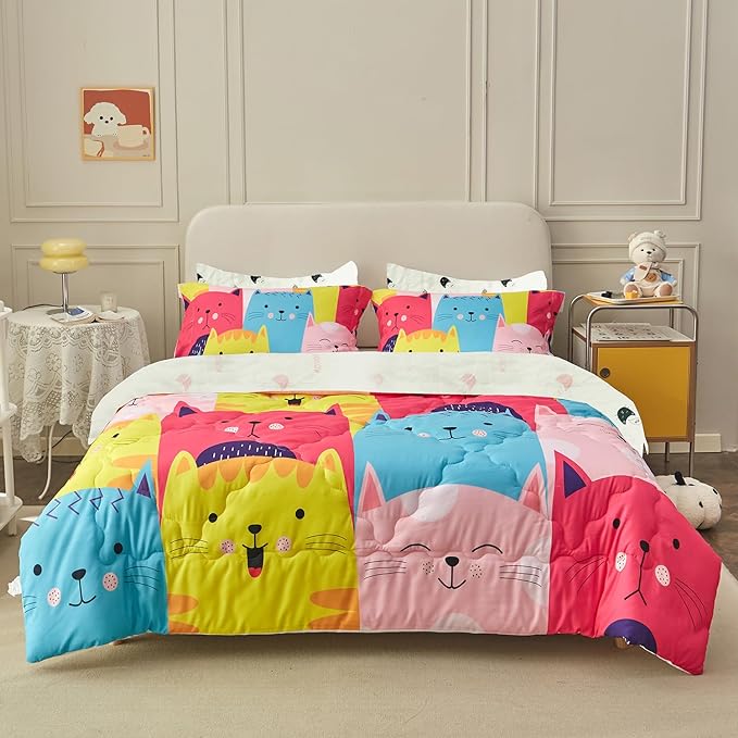 Wajade Kids Cute Cats Comforter Set Bed in A Bag Full Size 7 Piece Colorful Cartoon Pet Cats Bedding Set for Boys Girls (1 Comforter, 1 Flat Sheet, 1 Fitted Sheet, 2 Pillowcase and 2 Pillow Sham) - LeafyLoom